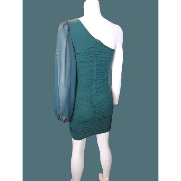 Hello Molly One-Sheer Shoulder Emerald Green Ruched Bodycon Dress - Women 6 - Picture 5 of 8
